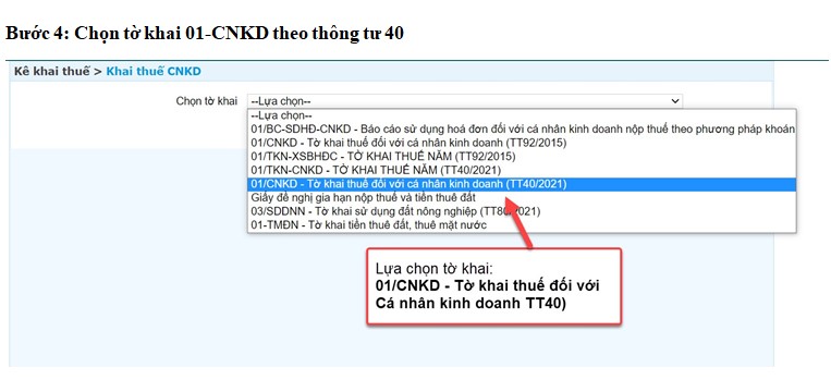 Bước 4: Chọn tờ khai 01-CNKD theo thông tư 40